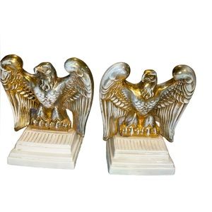 Vintage white and gold ceramic American Eagle Bookends Matching statues